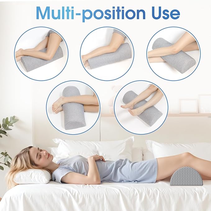 TranquilRelax Knee Pillow for Back Sleeping Memory Foam Half Moon Bolster Pillow for Legs, Under Knee Support, Ankle & Foot Comfort Orthopedic Pillow for Side Sleepers (Grey, 22" x 8.7" x 5.3")