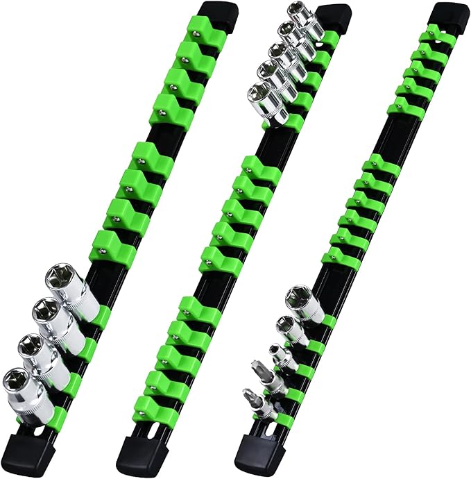 Socket Organizer Set 3PCS ABS Socket Holder Kit, 1/4-Inch x 16 Clips, 3/8-Inch x 15 Clips, 1/2-Inch x 12 Clips Socket Set Organizer, Drive Socket Tray, Socket Holders Clip Socket Rail, Green