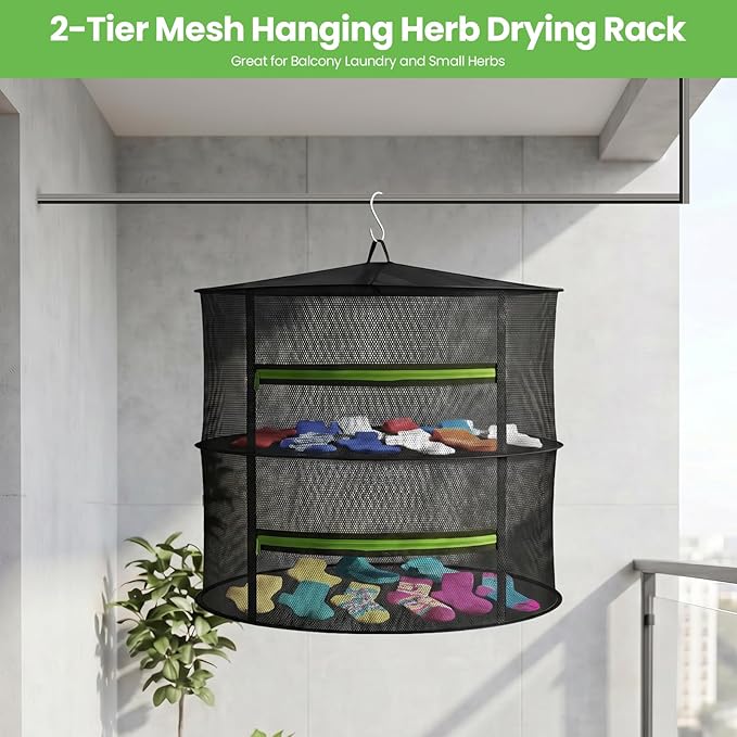MEKOLIFE 2 Layer Herb Drying Rack, Collapsible Mesh Drying Rack, Small Hanging Drying Net with Green Zipper & Hooks, Indoor Outdoor for Drying Herbs, Socks, Underwear, Seafood & Camping Food (11.81")