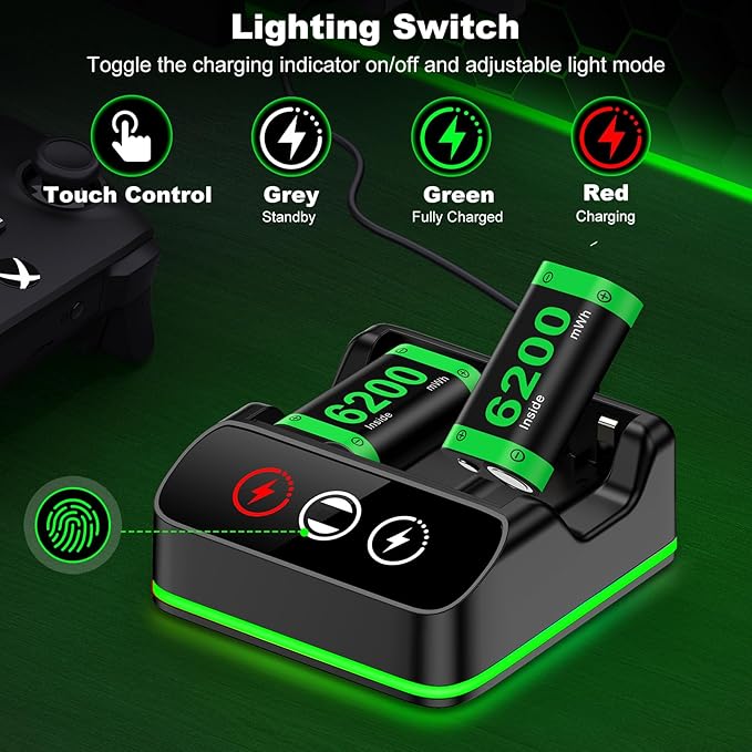 Rechargeable Controller Battery Pack Charging Station,2x6200mWh Battery Pack