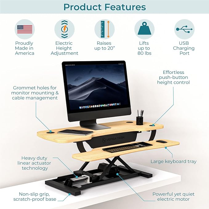 VERSADESK PowerPro Electric Standing Desk Converter - Height Adjustable Desk Riser with Keyboard Tray & USB Hub - Holds 80 lbs - Ergonomic Sit Stand Workstation for Home & Office | Maple (40” x 24”)