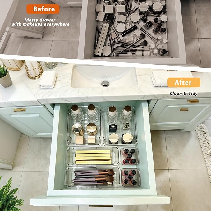 Extendable Drawer Organizer, 14pcs Bathroom & Vanity Drawer Organizes Tray, 3-size Clear Plastic Storage Bin for Makeup, Office Desk, Kitchen, Bedroom, Cabinet Drawer