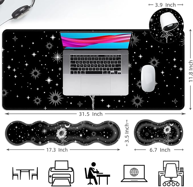 Ergonomic Mouse Pad Set with Wrist Support for Keyboard and Wrist Rest for Mouse, Memory Foam Comfort, Non-Slip Large Desk Mat for Home Office Pain Relief,Black and White Sunflower
