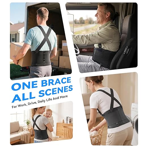 Work Back Brace for Men & Women, Adjustable Lower Back Support Belt for Sciatica, Herniated Disc, Pain Relief, Moving Warehouse Heavy Lifting Safety & Protection (Black, Medium)