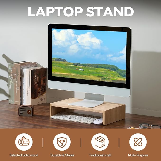 KIRIGEN Monitor Stand Wooden -Desk Stand Wood for Computer/Laptop/TV Printer - Monitor Arms & Stands Desk Riser for Office Organizers - Desktop Workspace Platforms Stands (39,Natural)