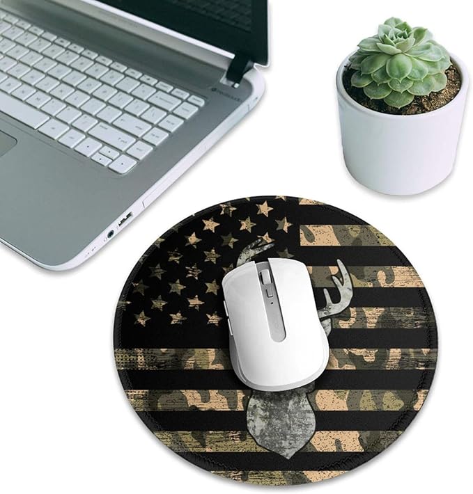 Camo American Flag Deer Round Mouse Pad Premium Textured Mouse Mat Washable Mousepads with Extended Stitched Edges Non Slip Rubber Base Small Mousepad 7.9 X 7.9 X 0.12 Inches