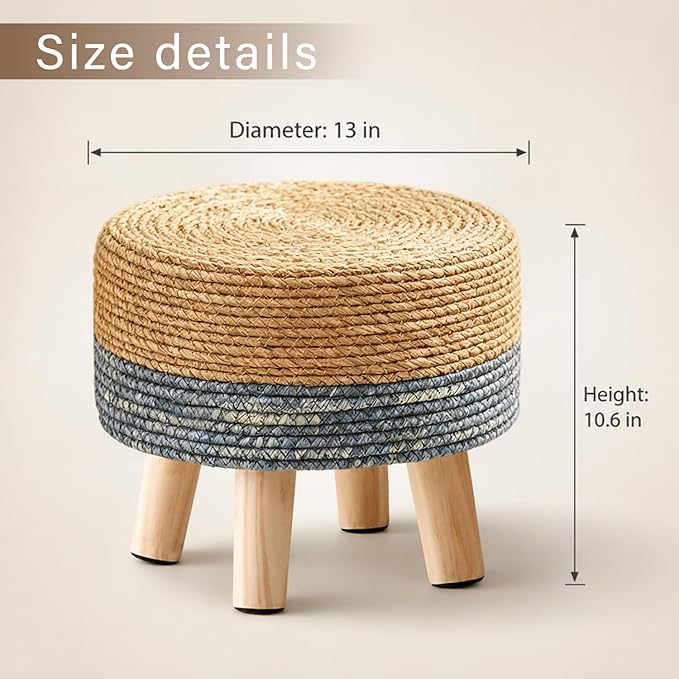 Wimarsbon Round Foot Stool Natural Seagrass Poufs Ottoman Hand Weave Footrest Stool for Couch Desk Extra Seat Step Stool with Solid Wood Legs for Hallway Patio Lounge Blue