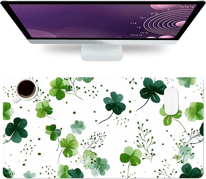 Four-Leaves Clover Mouse Pad PU Leather Lucky Green Desk Mat Large Waterproof Gaming Pad Non-Slip Keyboard Mouse Pad Writing Pad for Gamer Office&Home