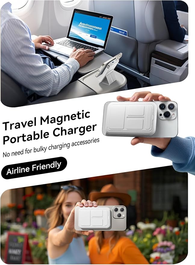 Magnetic Portable Charger, 10000mAh Power Bank with Leather Foldable Stand - Travel Essentials, USB-C 20W Fast Charging for Magsafe Battery Pack, Compatible with iPhone 17/16/15 All Series
