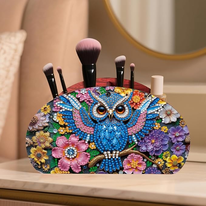 POETRYDRAW DIY Owl Diamond Art Painting Wooden Storage Box – Multi-Grid Moon Fan Makeup Brush Organizer, Double-Sided Drill Tabletop Holder for Women, Office & Home Decoration