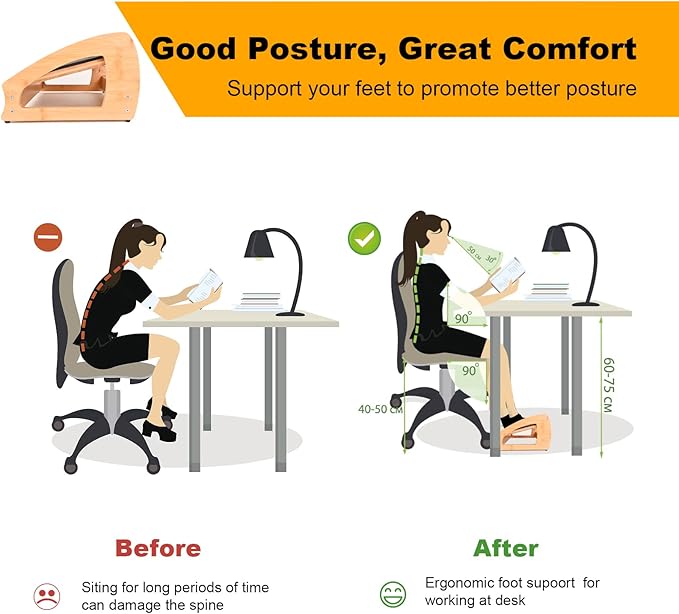 Bamboo Under Desk Footrest, Ergonomic Foot Rest with 4 Height Position Office Footrest, Improves Posture and Blood Circulation, Portable Step Stool for Home and Office (Standard)