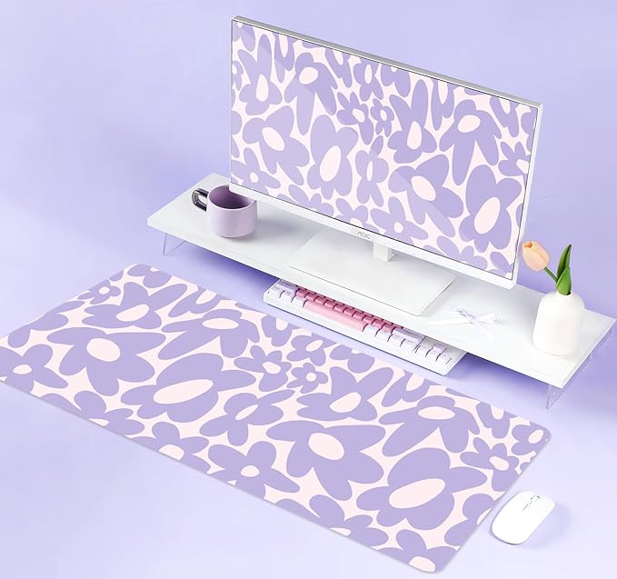 Large Mouse Pad, Aesthetic Cute Purple Flowers Computer Desktop Pad, Purple Computer Mats for Desk, Keyboard Laptop Mat, 31.5 x 11.8 inches