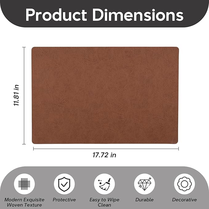 Placemats Set of 4 - Faux Leather 100% Waterproof Oil-Proof Wipeable PU Place Mats, Heat Resistant Reversible Table Mats for Kitchen, Dining, Outdoor (Reddish Brown)