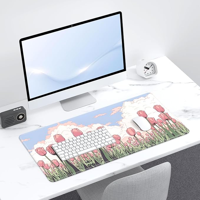 Desk Pad, 32" x 16" XXXL Extended Large Gaming Mouse Pad, Desktop Decor Desk Mat, Men Women Office Supplies and Accessories, Cute Anime Mouse Mat for Laptop & Keyboard, Pink Tulip