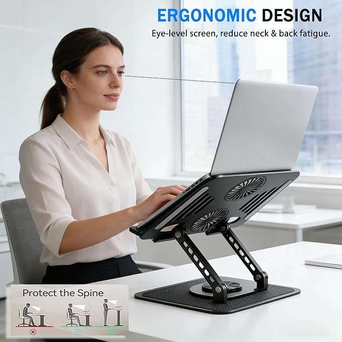 Laptop Stand with Cooling Fan, 360° Rotating Base Aluminum Laptop Riser, Foldable Ergonomic Computer Stand for Desk, Height Adjustable Notebook & All Laptops Up to 17.3" (Black)