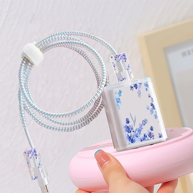 Cute DIY Cable Charger Protector Set with Electronic Organizer Bag Flowers Purple Lavender pattern Design, Soft Data Cable Line Cord Wire Saver Travel Cord Organizer Case cover Compatible for iPhone
