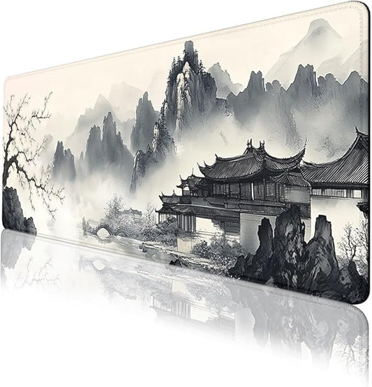Japanese Ink Gaming Mouse Pad Black White Zen Mountain Landscape Large Gaming Mouse Mat with Stitched Edges,Non-Slip Waterproof Rubber Base Mous Mat 31.5"x11.8"