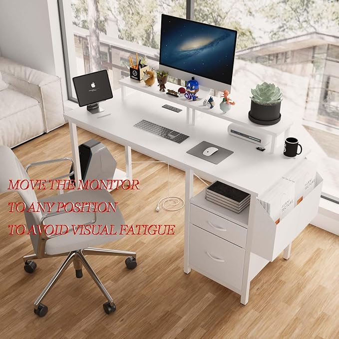 Modern Home Office Desk, Built-in Power Outlets, File Storage, Dual Monitor Stands, Shelves Ergonomic Design, Multi Functional for Work & Gaming (White + MDF+Metal + Modern)