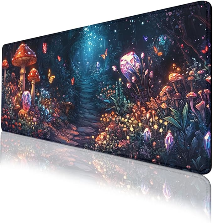 Mushrooms Mouse Pad Fantasy Crystal Butterflies Flowers Large Gaming Mouse Mat with Stitched Edges,Non-Slip Waterproof Rubber Base Mous Mat 31.5x11.8 in