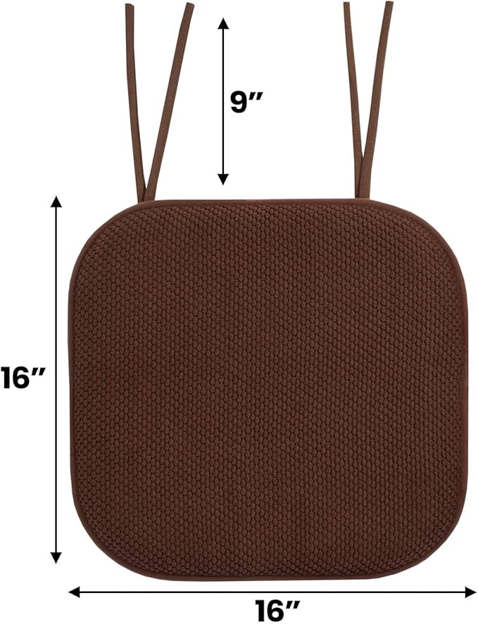 Sweet Home Collection Chair Cushion Memory Foam Pads with Ties Honeycomb Pattern Slip Non Skid Rubber Back Rounded Square 16" x 16" Seat Cover, 4 Pack, Chocolate Brown 4 Pack