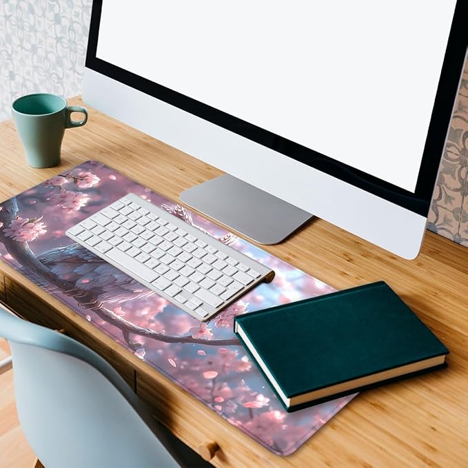 Owl Mouse Pad Fantasy Anime Pink Feathers Cherry Blossoms Extended Mousepad Waterproof Stitched Edges Rubber Base Non-Slip Deskmap Computer Keyboard Mat 31.5x11.8 in