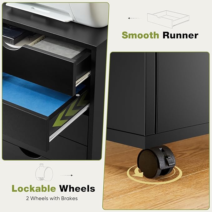 Sweetcrispy 5 Drawer Chest Mobile Storage Cabinets Small Wooden Dresser with Wheels Room Organization Furniture for Office Home, Rolling Vertical Organizer for Home Office, Black Wood