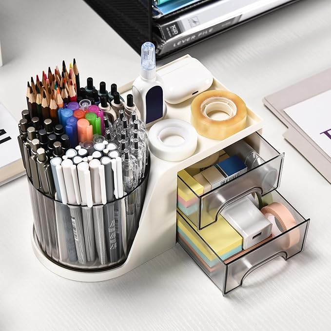 Rotating Desk Organizer with 2 Drawer, Pencil Pen Holder for Desk, Desk Organizers and Accessories with 4 Compartments + Drawer for Office Home Art Supplies (White)