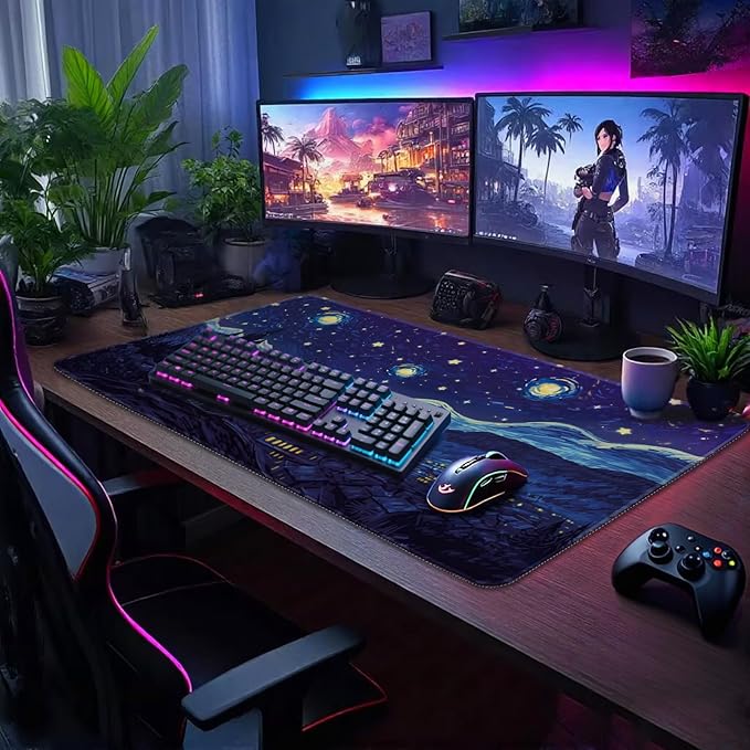 Starry Night Cat Large Mouse Pad, 31.5"x15.7" Desk Mat, Anti-Slip Rubber Base Keyboard Pad with Stitched Edges, Water-Resistant Smooth Desk Blotter, Computer Mat for Home Office Desk