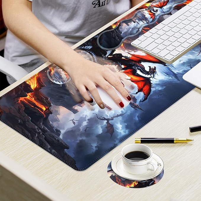 Ergonomic Mouse Pad Set with Wrist Support for Keyboard and Wrist Rest for Mouse, Memory Foam Comfort, Non-Slip Large Desk Mat for Home Office Pain Relief,Magic Dragon Castle