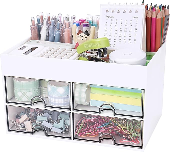 Meiikun Desk Organizer, Office Organizer with Drawer, Desk Accessories & Workspace Organizers, Pen Holder Office Supplies for Desk (4 Drawers+4 Compartments, White)