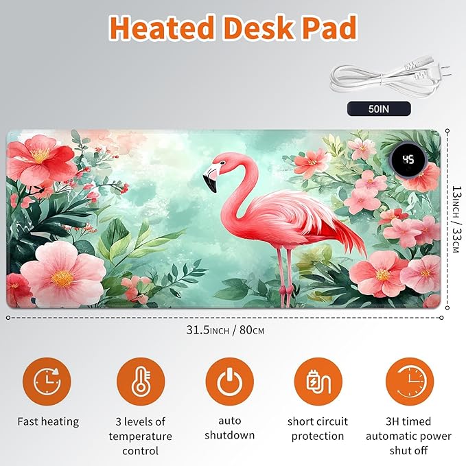 Heated Mouse Pad,Warm Desk Pad with 3 Levels Heating & 3 Hours Auto Shut-Off, PU Leather Heated Desk Pad Warmer Pad for Home Office - 31.5 x 13 inch,Beautiful Flamingos
