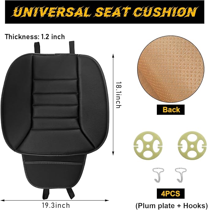 povtii Car Seat Cushion with Front Pocket, Non-Slip Bottom Cushion for Car Driver Office or Home Chair, Breathable Pressure Relief Seat Pad with Memory Foam, Car Accessories (Black)