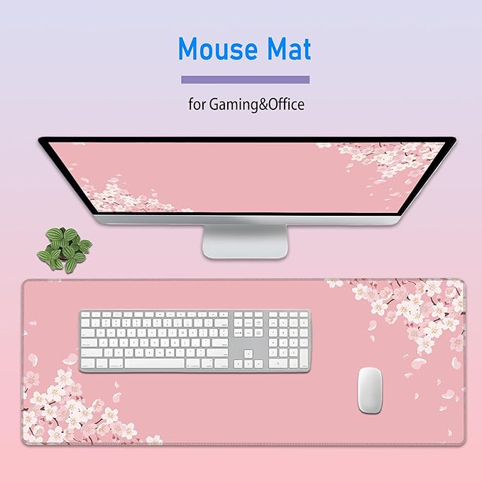 Large Pink Mouse Pad,Japanese Pastel Cherry Blossom Gaming Mousepad,Sakura Flowers Aesthetic Extended Keyboard Desk Protecter Mat for Women Girl,31.5x12in