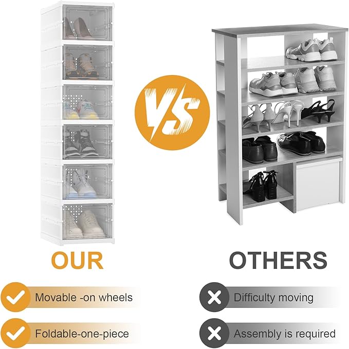 Foldable Shoe Storage Organizer, Stackable Boxes for Closet, Foldable Space-Saving Shoe Rack for Sneaker Boot Container, Acrylic Shoe Cabinet Shoe Box（6 Pack,White