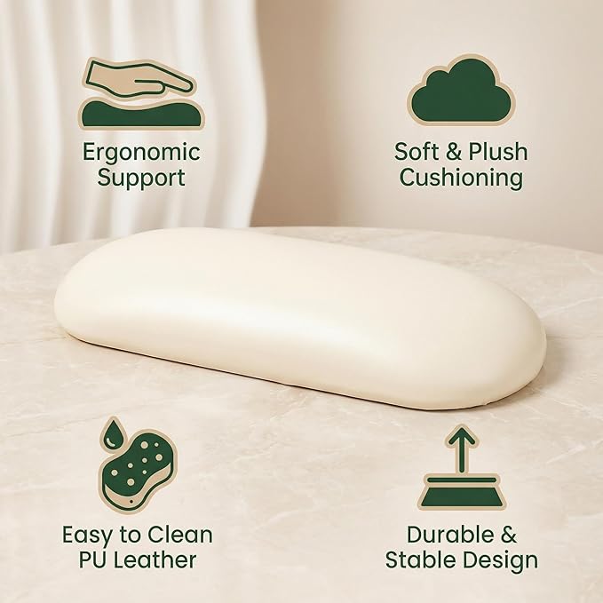 Nail Arm Rest Cushion, Nail Hand Rest Pillow for Manicure, Leather Nail Cushion Arm Rest for Nails Tech, Ergonomic Hand Rest for Nails Tech, Waterproof Nail Arm Rest for Salon Table, White