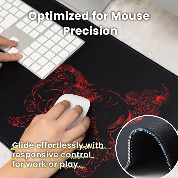BELLEMOND Japanese Art Desk Mat | Large 31.5x11.8in Anime Mouse Pad for Keyboard & Mouse | Non-Slip Base, Water-Repellent | Original Japanese Design | Kara-jishi - Twin Lions