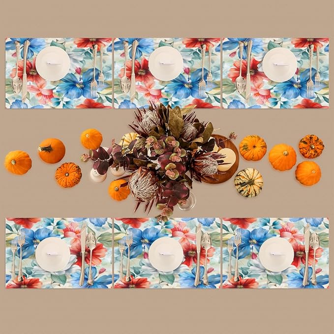 Placemats Set of 4 Heat-Resistant Rectangle Place Mats Floral Flower Colorful Washable Plastic PVC Dining Table Mat Non-Slip Wipeable Woven Vinyl Placemat for Kitchen Patio Table Decor
