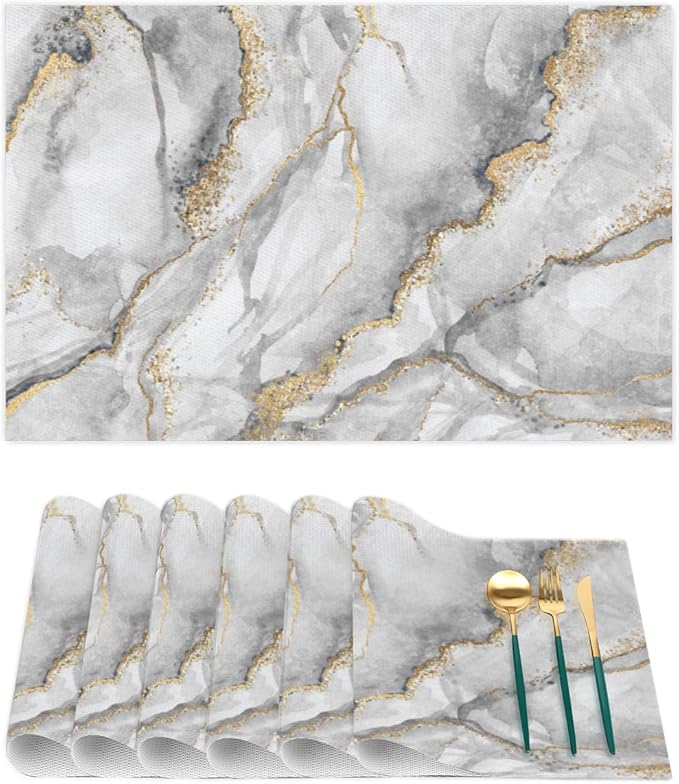 Placemats Set of 4 Heat-Resistant Rectangle Place Mats Grey Gold Marble Washable Plastic PVC Dining Table Mat Non-Slip Wipeable Woven Vinyl Placemat for Kitchen Patio Table Decor