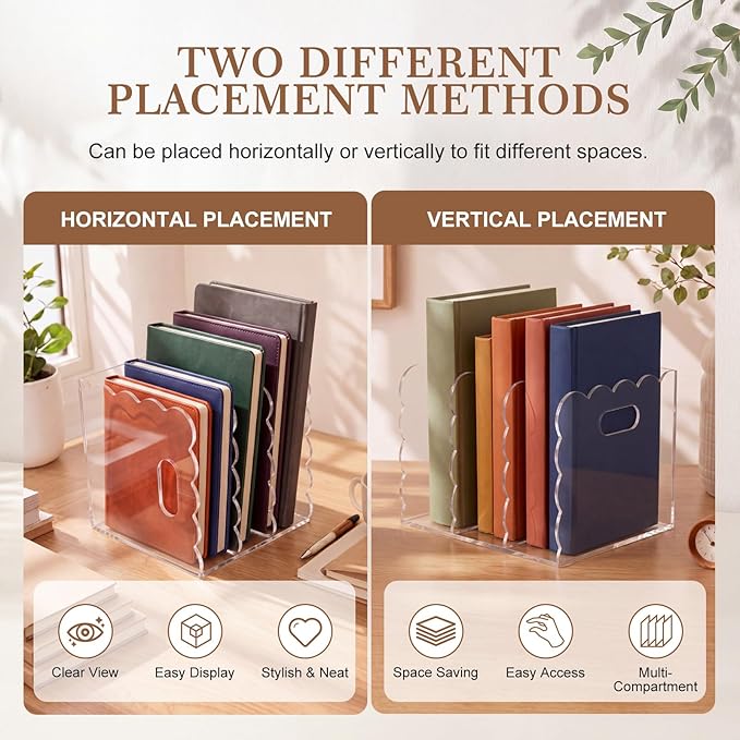 Suzile Scalloped Acrylic Magazine File Holder with Handle, 3-compartment Clear Desk Organizer Vertical Bookends Organization for Office, Binders, Documents, Magazines, Books(8.46 x 7.28 x 6.5 Inches)