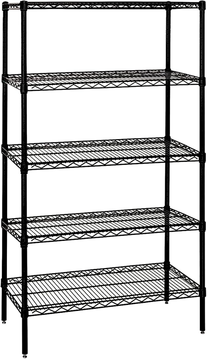 Quantum Storage Systems WR63-2154BK-5 Wire Shelving Starter Kit, 54" W x 21" D x 63" H, 600 lbs Capacity, Carbon Steel, Epoxy Coated, Black, NSF