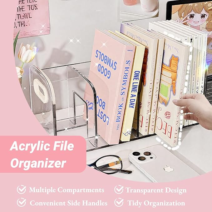 Cyrank Transparent Acrylic File Organizer for Desk, 4 Sections Book Paper Storage Dividers with Side Handle Envelope Vertical File Stand (#1)