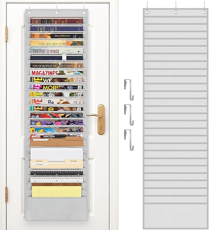 Over The Door File Organizer with 26 Large Pockets, Office Hanging Magazine Holder, 600D Oxford Fabric Tear-Resistant Door Organizer for Mail Paper Documents,Magazine Rack for Office Home School(Gray)