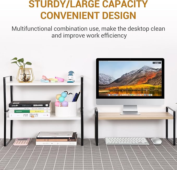 YGYQZ Wood Office Desk Shelf Organizer - Desktop Supplies Cute Dresser Top Organization Storage Rack and Cubicle Decor Aesthetic Bookshelf for Women Man and Kids (Black Wood-Single Tier)