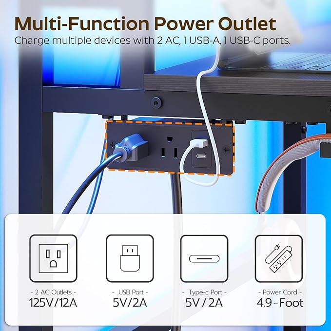 YATINEY 47.2" Computer Desk with Charging Station and LED Lights, Gaming Desk with Monitor Stand, 2-Tier Home Office Desk with 4 Side Hooks, for Living Room, Home Office, Black DN12UDBB