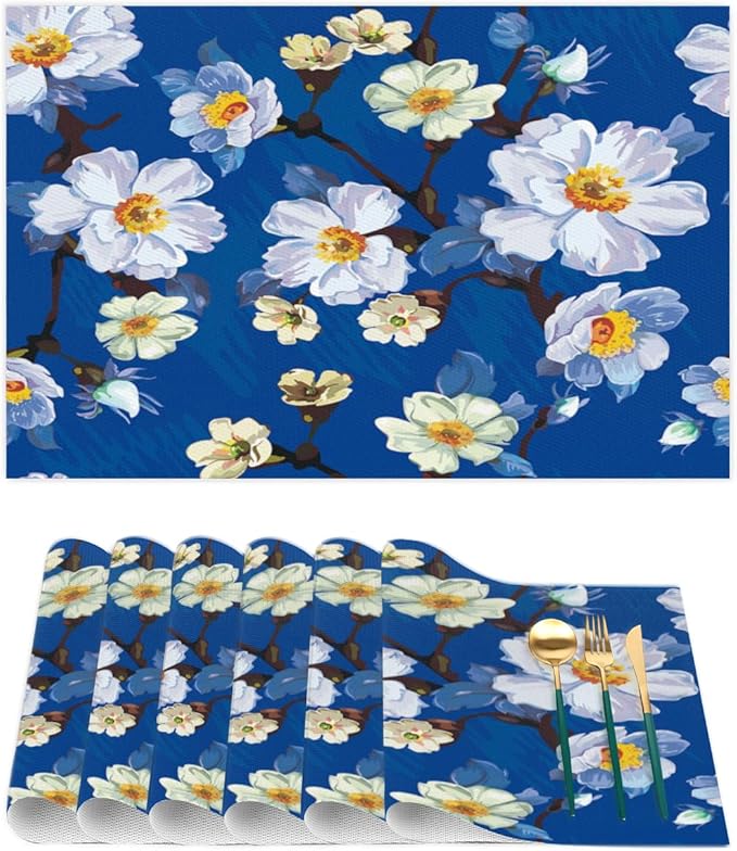 Placemats Set of 4 Heat-Resistant Rectangle Place Mats Painting Blue Flower Washable Plastic PVC Dining Table Mat Non-Slip Wipeable Woven Vinyl Placemat for Kitchen Patio Table Decor
