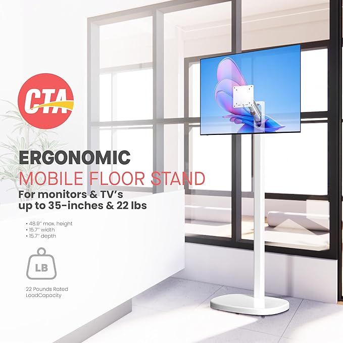CTA Ergonomic Floor Stand For Monitors & TV’s Up To 35-inches & 22 lbs - Mobile Stand With Anti-Knockdown Base & Height Adjustable - Commercial Grade - (ADD-MSADFS)