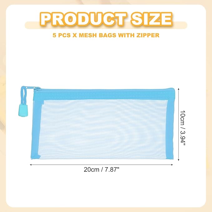 PATIKIL A6 Mesh Zipper Pouch Bags, 5 PCS Mesh Bags with Zipper Plastic Storage Pocket for Organizing File Beads Office Home Supplies, 10x20cm, Sky Blue
