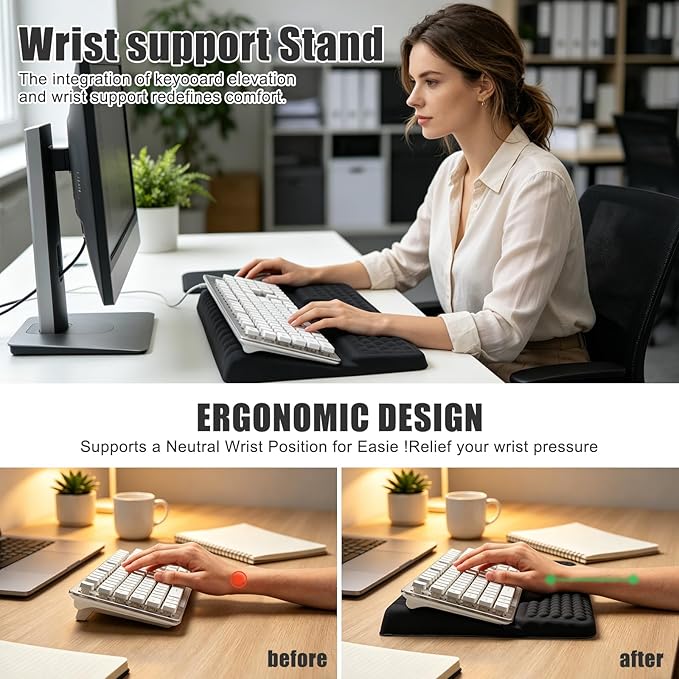 Keyboard Stand with Wrist Rest，Ergonomic Wrist Pad Memory Foam Keyboard Riser Holder Tray with Non-Slip Base, Pain Relief for Work Study Game (Black)