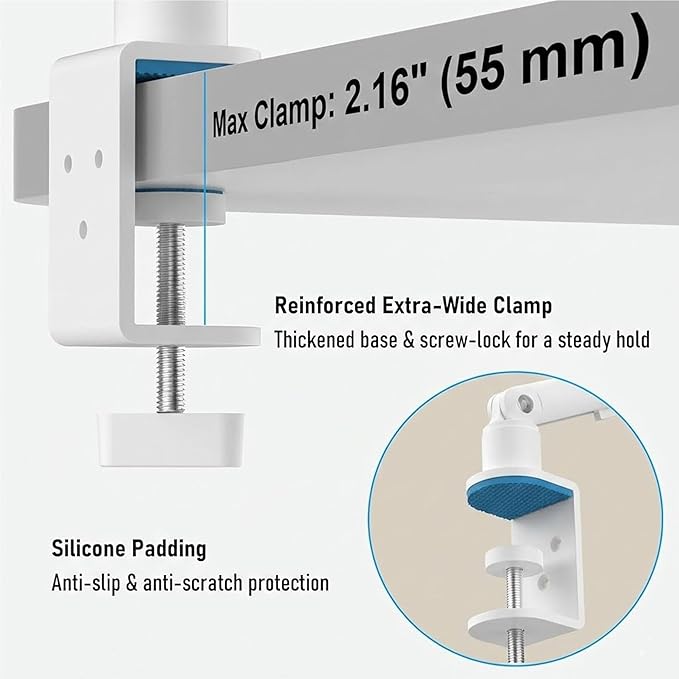 Portable Monitor Stand 15.6", Heavy Duty Tablet Arm Mount with Desk Clamp, Sag-Free Adjustable iPad Holder for Bed, 360° Foldable Arm Fits 4.7"-18.5" iPad Pro/Air/Mini, 2.2lbs Capacity, White