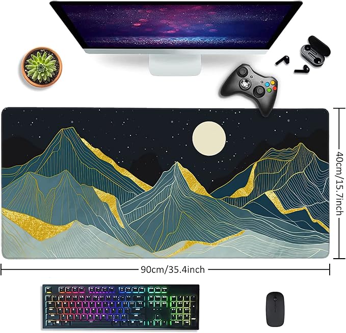 Golden Line Art Mountain at Night Large Mouse Pad Extended Gaming Mouse Pad Waterproof Desk Mat with Stitched Edge,Non Slip Base Keyboard Mouse pad for Home Office 35.4" X 15.7"